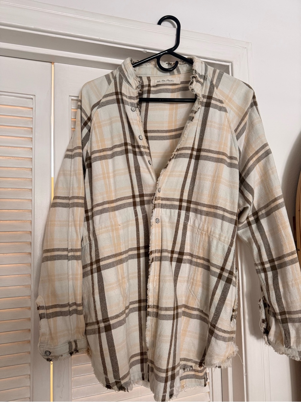 Free People Plaid Button-Down Shirt Jacket in Cream and Brown